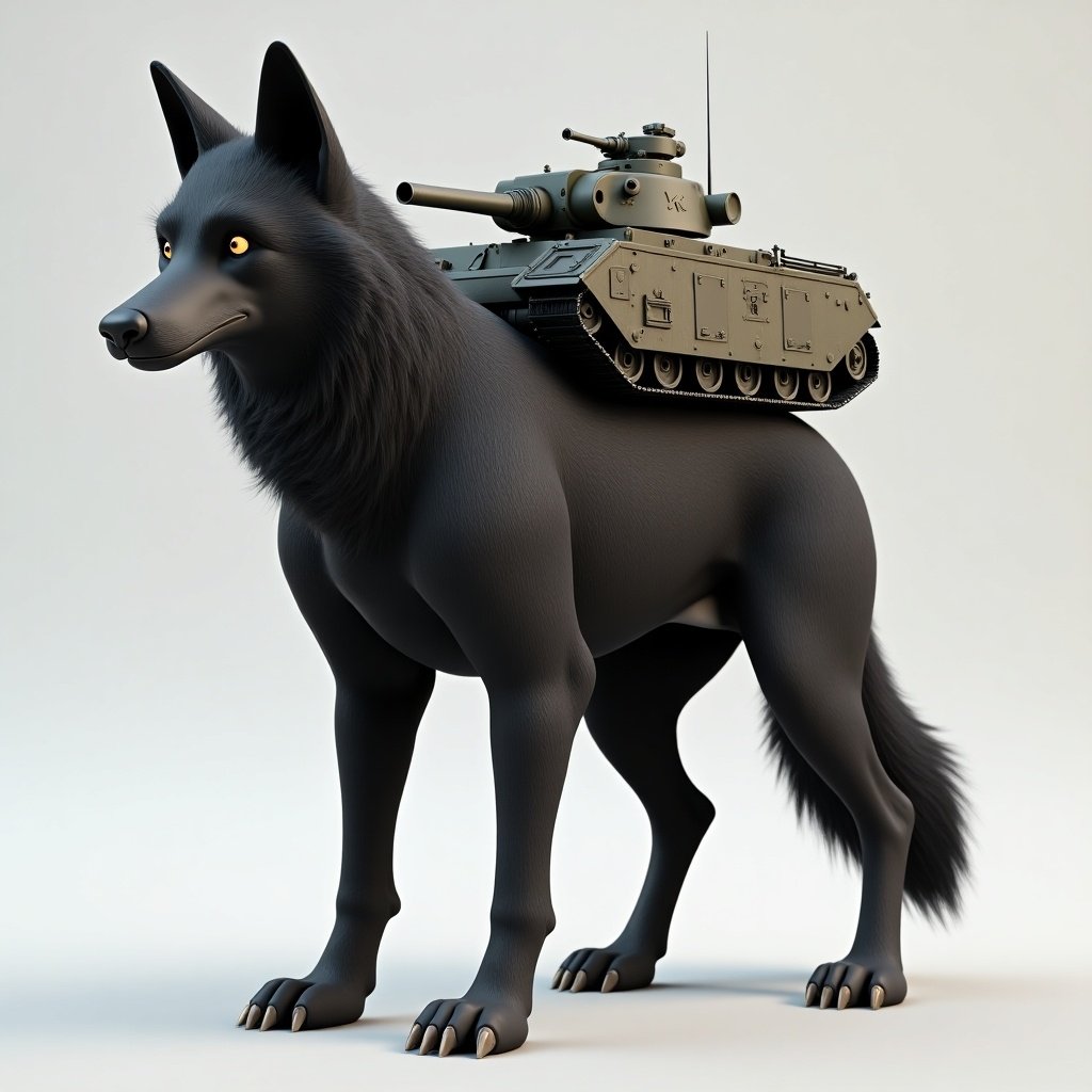 A hybrid creature combines features of a wolf and a man. The full-body representation features a majestic black wolf with a tank mounted on its back. The creature has a muscular body standing on two hind legs, designed with whimsical yet powerful characteristics for gaming or animation.