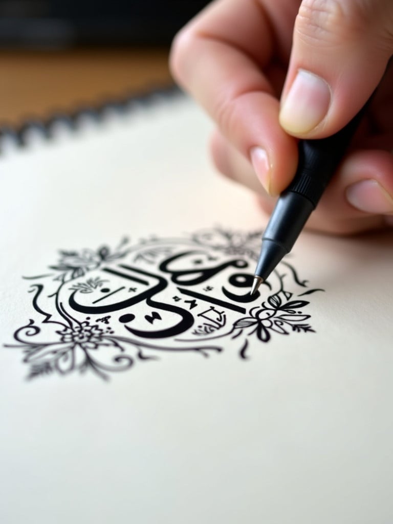 Close-up view of hand carefully using pen to create Arabic calligraphy. The artistic strokes are bold black ink on a white paper. There are decorative designs surrounding the main text. Soft lighting enhances the visual appeal of the letters. The phrase سکوله منعه اكام سعاده الدينية الإسلامية is being written.