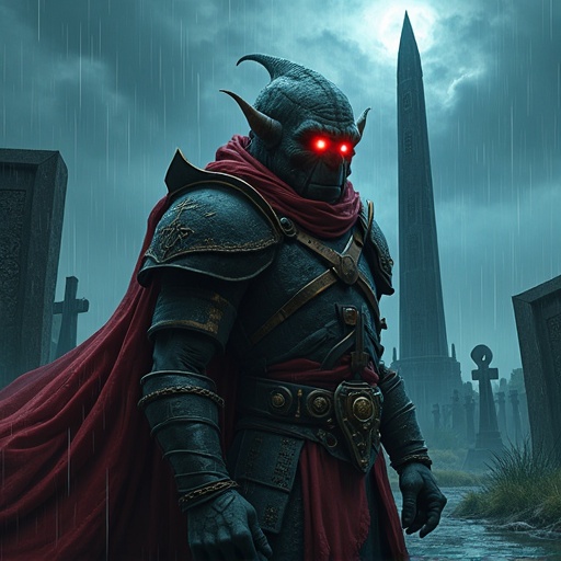A high-angle shot of a goblin sorcerer wearing textured leather armor. The sorcerer has glowing red eyes and stands in a foggy graveyard with a tall black obelisk. The clouds are dark and swirl ominously above. The style is animated comic-book with bold lines and intense contrast. Volumetric lighting and graphic novel crosshatching enhance the details. The character's face has cel-shaded contours and uses a neon crimson and midnight indigo color palette. The textures show rust and ancient runes on the obelisk, creating a dark and eerie atmosphere.