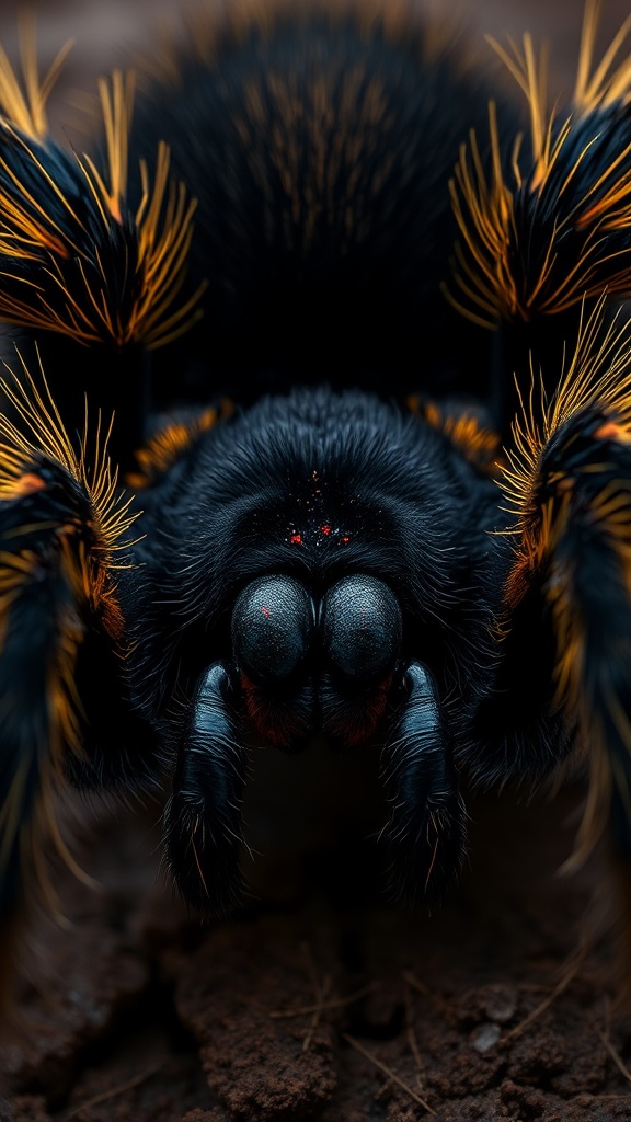 A close-up view of a tarantula, highlighting its striking black and orange-colored hairs.