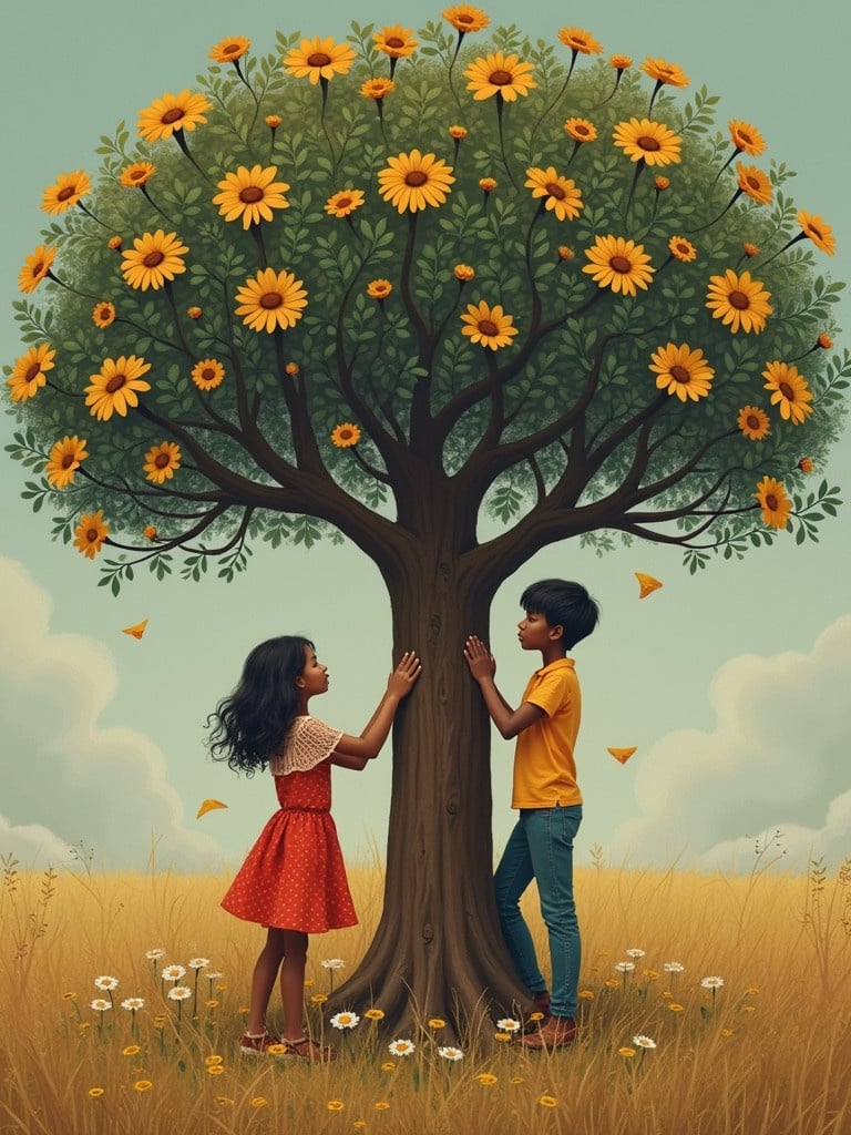 Two children interacting with a large sunflower tree. The scene highlights the bond between nature and childhood.