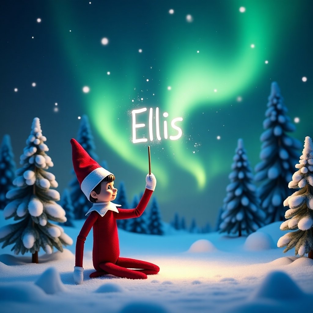 A whimsical scene features an Elf on the Shelf kneeling in snow. The elf uses a magic wand to write 'Ellis' in the air. Stunning northern lights illuminate the night sky in greens and blues. Surrounding snow-covered trees enhance winter wonderland atmosphere.