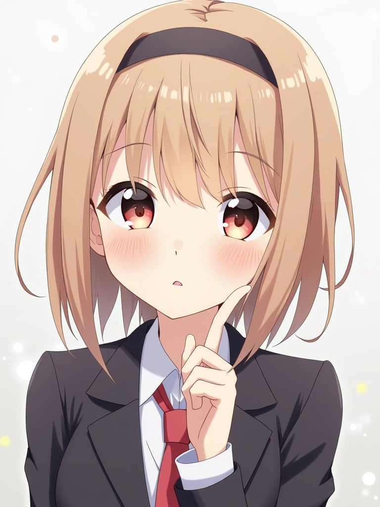 Anime character depicted with light brown hair and a hairband. Features pale skin with a soft blush and long eyelashes. Dressed in a formal suit conveying a cold demeanor. An eye-catching anime style serves as the central focus.