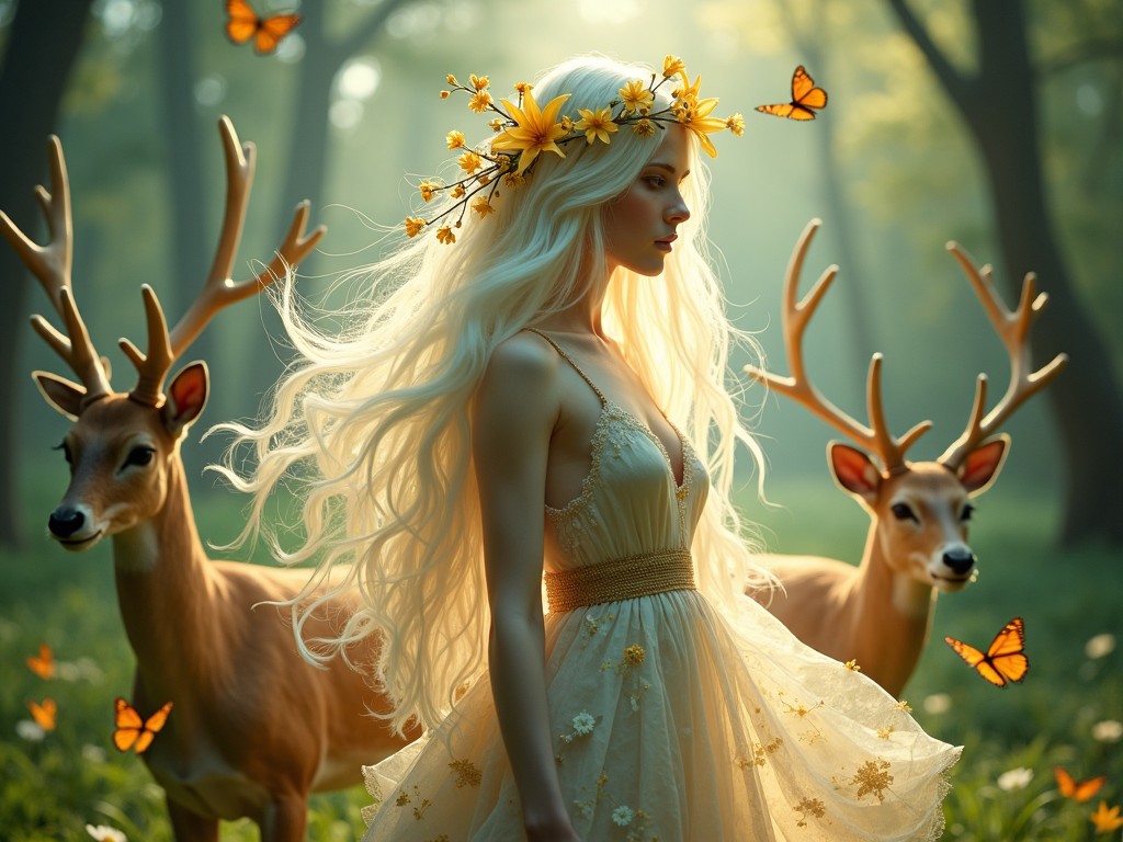 A mythical forest scene featuring a serene woman with long, flowing blonde hair adorned with a crown of yellow flowers, surrounded by gentle deer and vibrant butterflies, set against a backdrop of sunlit trees.