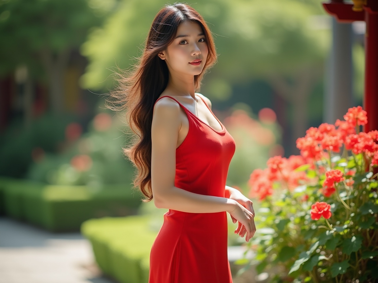 A young woman in a striking red dress stands gracefully beside a bed of vibrant red flowers. The lush greenery in the background, lightly blurred, complements the scene, creating a serene garden atmosphere. The soft sunlight illuminates her hair and the blossoms, contributing to an overall warm and elegant composition.