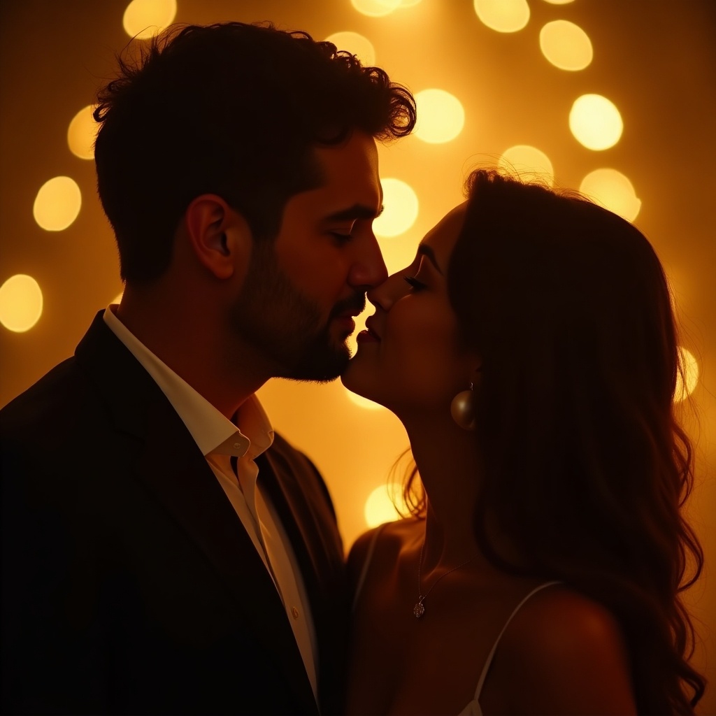 Couple shares a gentle kiss in front of glowing lights. Soft focus enhances their closeness. Beautiful golden lighting casts warm hues on their faces.