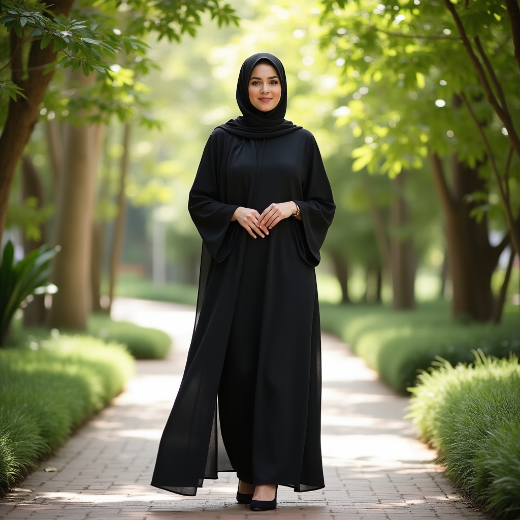 The image features a young woman in her 30s wearing a luxurious black abaya, complemented by stylish heels. She is standing confidently on a serene pathway surrounded by lush greenery. The natural light enhances the tranquil atmosphere, highlighting her elegant attire. Her black hijab frames her face beautifully, embodying grace and sophistication. This scene invites a sense of calmness and connection with nature, perfect for lifestyle and fashion content.