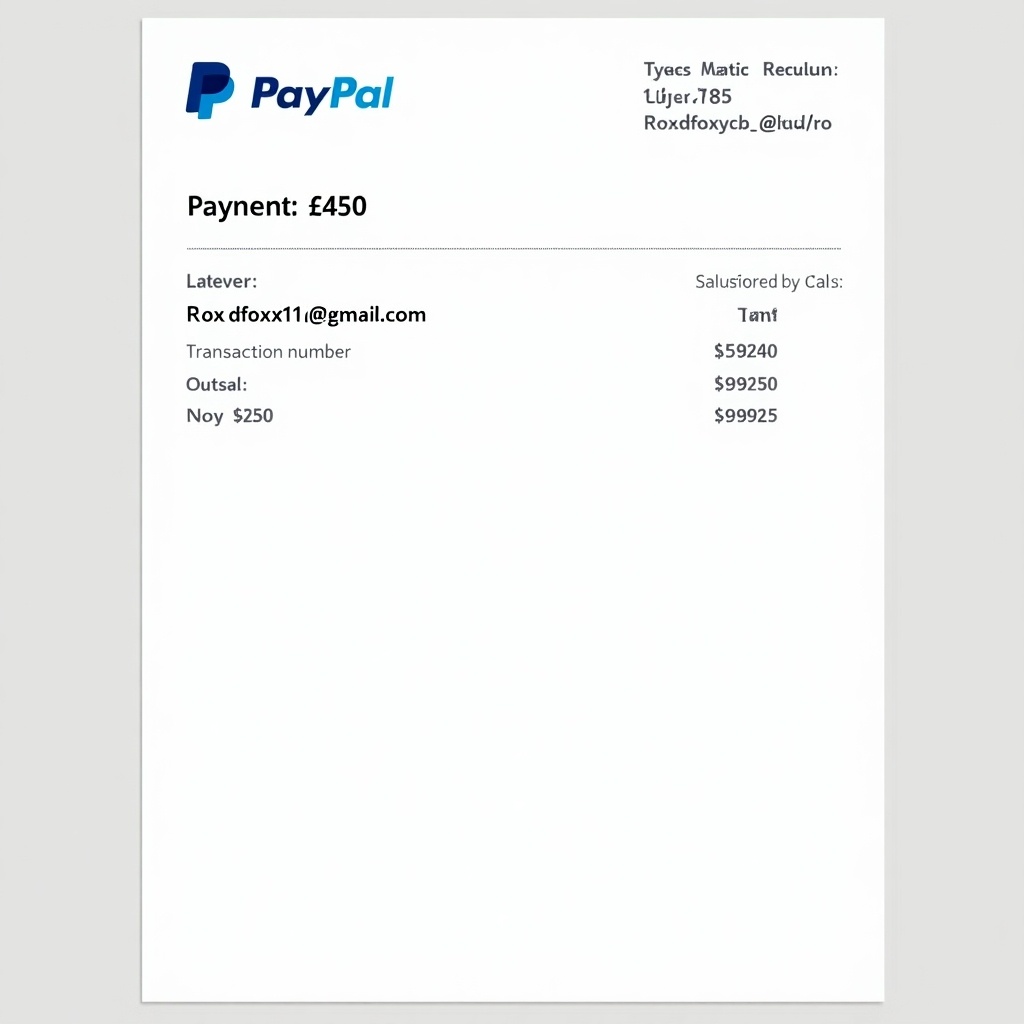 This image shows a PayPal payment receipt. It contains payment proof for £40. The email roxdfoxy11@gmail.com is listed. The document has the PayPal logo at the top. The details include payer's name, transaction amount, and transaction number. This format is typical for online payments.