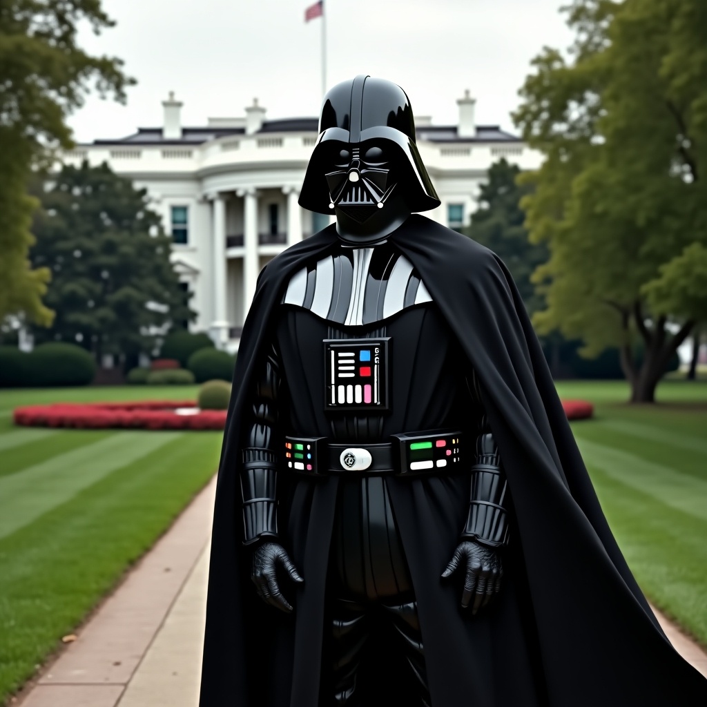 This image portrays a character dressed as Darth Vader from Star Wars, standing in front of the White House. The character is wearing a full black suit, complete with a helmet and cape, while the iconic building serves as a backdrop. It is set in a well-maintained garden, highlighting the lush greenery. The overcast sky gives a muted and serious tone to the scene. This combination of pop culture and political landmark creates a humorous and thought-provoking visual.