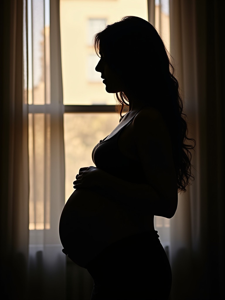 Silhouette of a pregnant woman standing near a window holding her belly