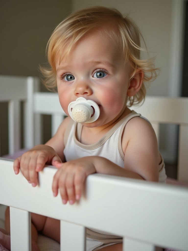 Cute baby girl with blonde hair sitting in crib holding a pacifier. Soft natural lighting creates a cozy atmosphere. Diaper on butt.