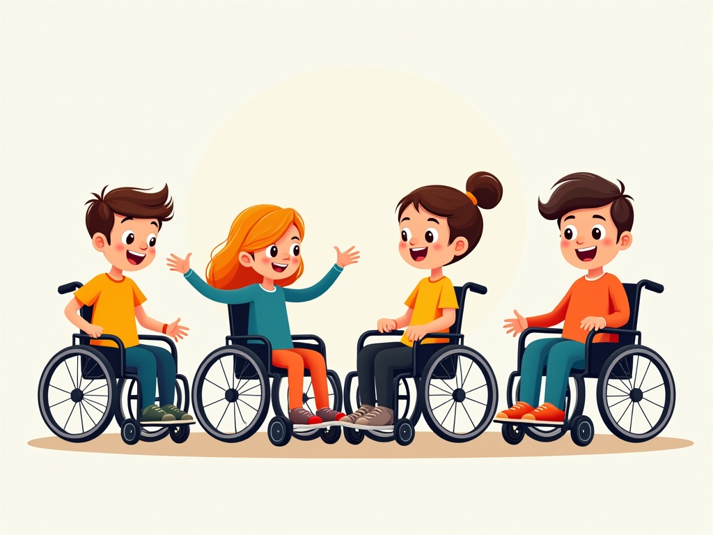 A group of cartoon characters in wheelchairs is happily interacting. Three boys and one girl are in a circle while one girl is animatedly speaking. Comic style flat vector art is used to depict their vibrant clothing and joyful expressions. Each character showcases a unique hairstyle. The image emphasizes inclusivity and a positive attitude.