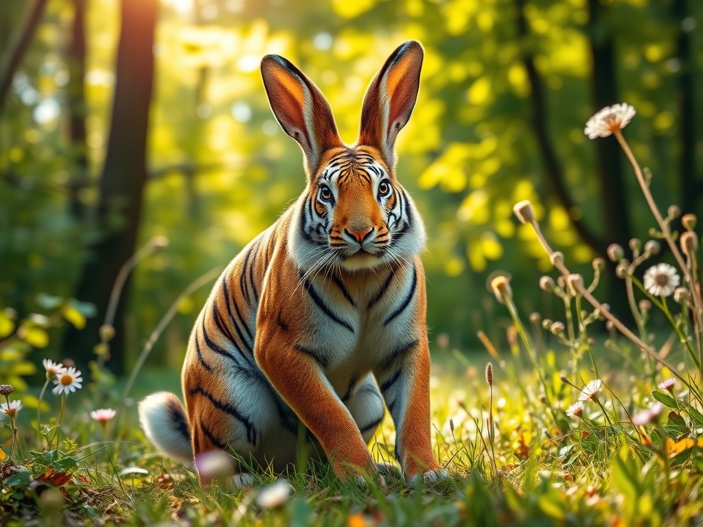 This digital artwork depicts a fantastical creature that combines features of a rabbit and a tiger. The creature has the body and stripes of a tiger but the distinctive ears and posture of a rabbit. It is set in a vibrant forest scene with sunlight filtering through lush, green foliage and a variety of wildflowers dotting the foreground, enhancing the magical atmosphere.