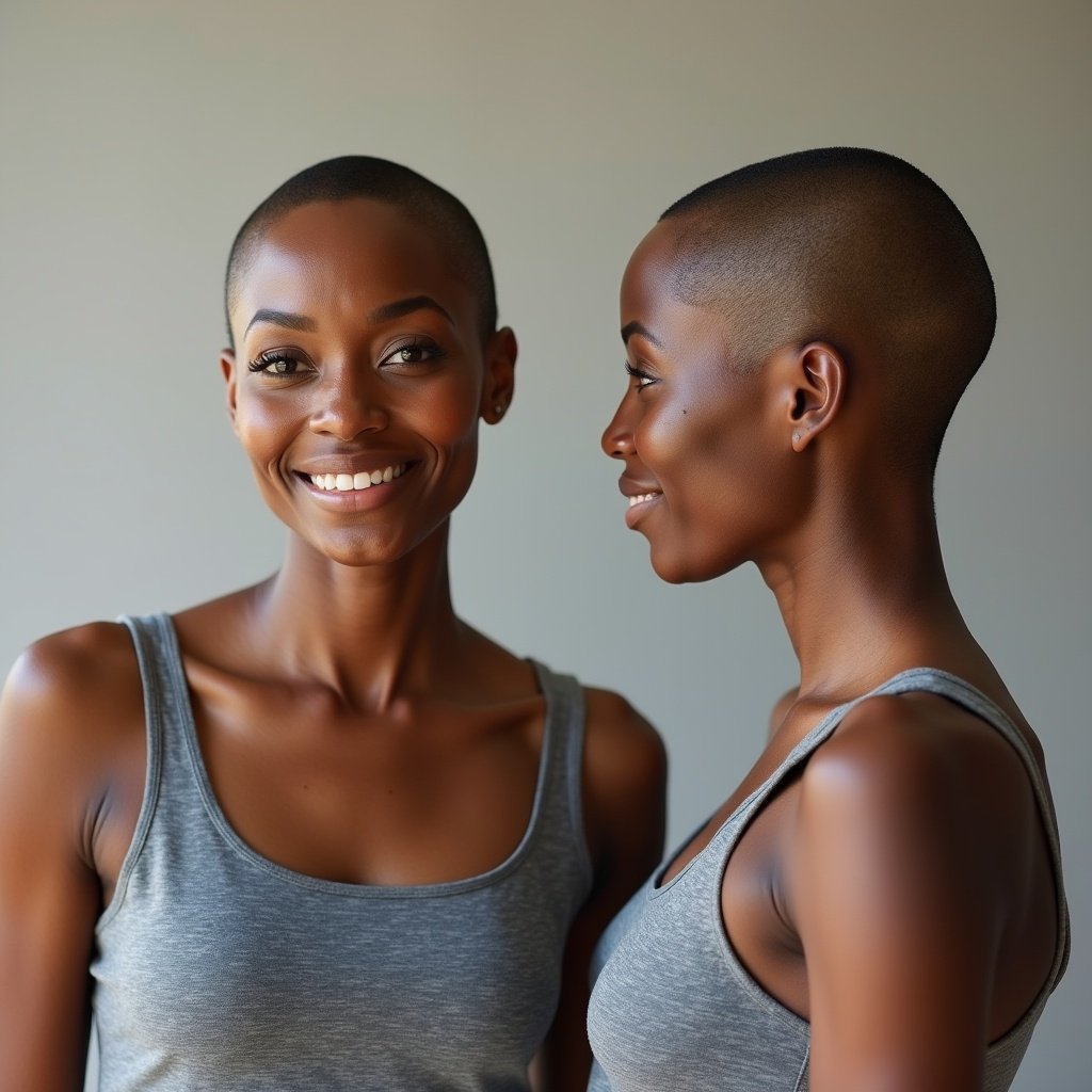 This image features a stunning middle-aged black woman highlighting both her front and side profiles against a neutral background. She has a shaved head, showcasing her well-defined jawline. Dressed in a simple gray tank top, she exudes confidence and a relaxed demeanor. The soft, natural lighting accentuates her facial features and hairstyle beautifully. This composition is not only visually appealing but also ideal for industries focused on fashion and grooming.