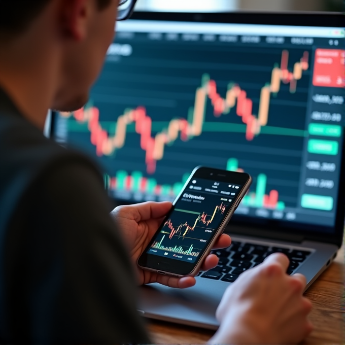 A person analyzing financial charts on a smartphone and laptop.