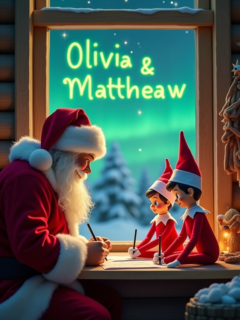 Santa Claus sits at the window with two elves. They are writing notes together. The northern lights are visible in the sky. The scene captures a warm inviting ambiance of Christmas. The names Olivia and Matthew are seen in green letters in the sky.