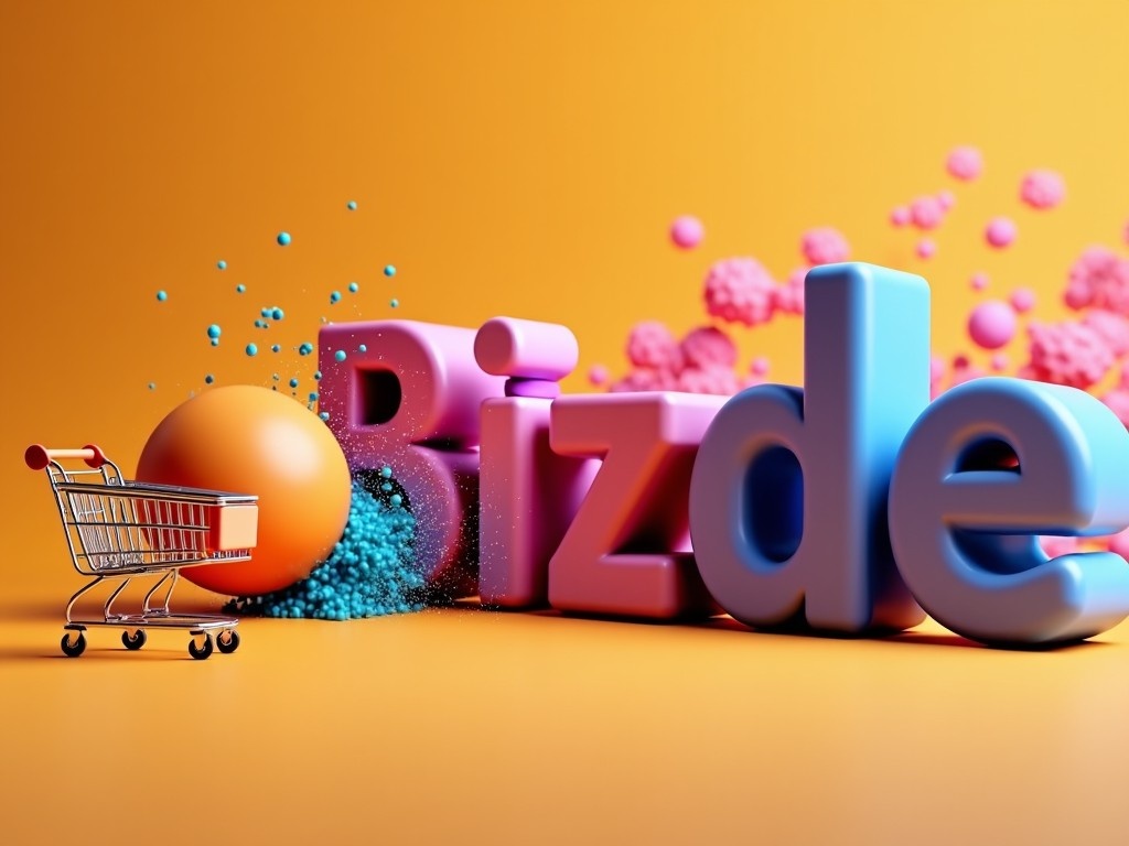 The animation begins with a bouncing ball that energetically leaps and falls to the ground, which triggers a change in the background color to match the ball. As the ball makes contact with the ground, the eye-catching text 'Bizde' slides in from the right side of the screen. Shortly after, the text 'Bar.com' appears from the left side in a smooth motion. Once both texts are in place, a vibrant, colorful background emerges behind the 'Bar.com' text. Finally, a shopping cart enters from the left, colliding delightfully with the now prominent 'BizdeBar.com' text, wrapping up the lively animation.