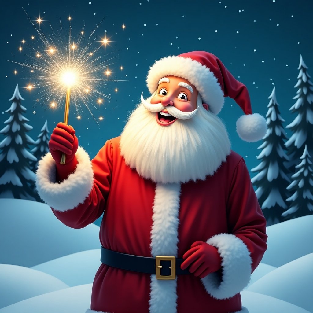 A jolly Santa Claus in a snowy landscape. Santa holds a magical wand shining with sparkles. He wears a classic red suit and a matching hat. His eyes twinkle with joy as he appears to write names in the sky. Snowy scene with evergreen trees and a starry night sky. The atmosphere is festive and magical for the holiday season.