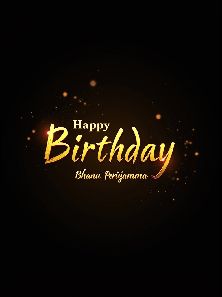 Elegant golden typography spelling Happy Birthday for Bhanu Periyamma on a black background. The design features glowing festive effects creating a celebratory mood.