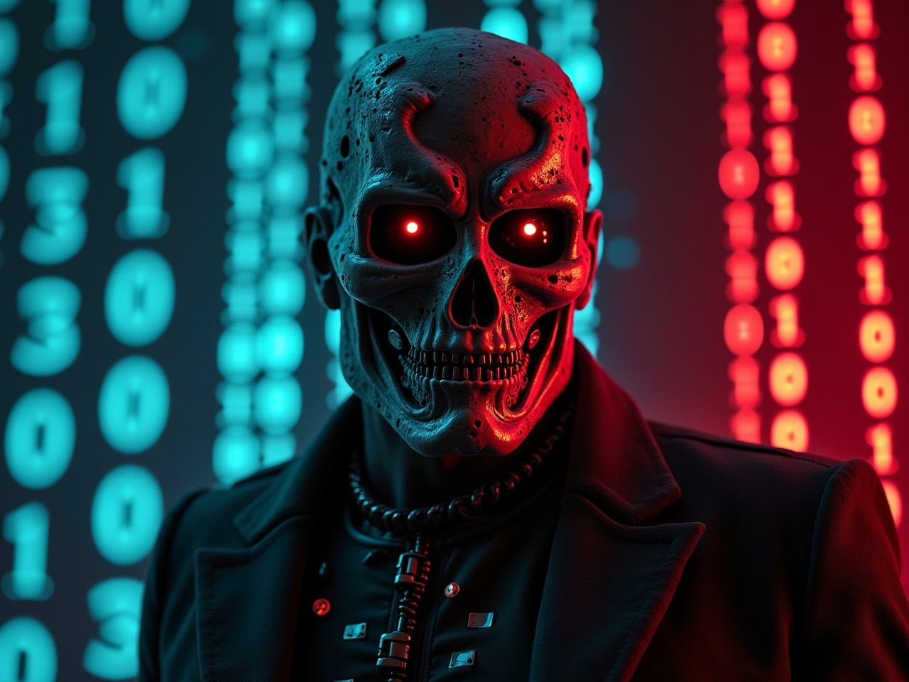 This image features a menacing robotic figure with a skull-like face, highlighted by glowing red eyes. The background is filled with binary code in blue and red, lending a futuristic and technological aura. The lighting casts dramatic shadows, enhancing the ominous atmosphere of the scene.