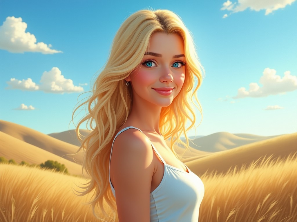 A digital illustration of a young woman with blonde hair standing in a sunlit field with hills in the background, bathed in soft golden light.