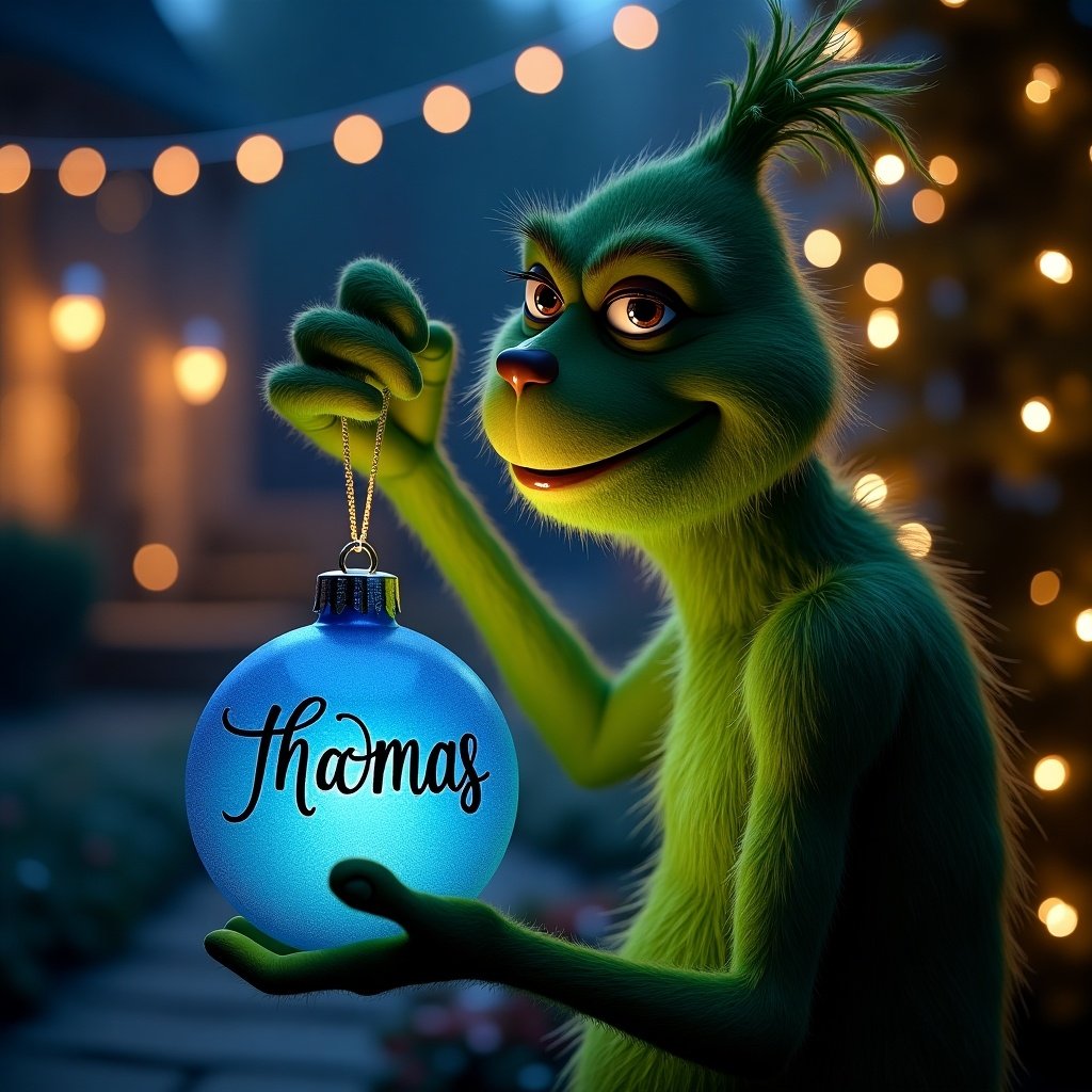 In a serene night garden, a character holds a striking blue Christmas bauble adorned with the name Thomas. The bauble glows warmly, contrasting with the dark surroundings. Twinkling Christmas lights create a magical ambiance, capturing personalized holiday celebrations.