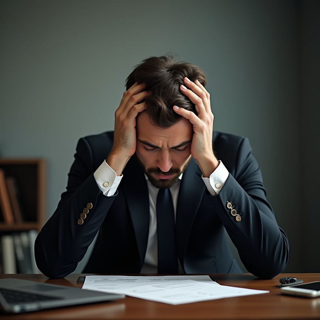 A man in a suit looks stressed while sitting at a desk with documents, a laptop, and a phone.