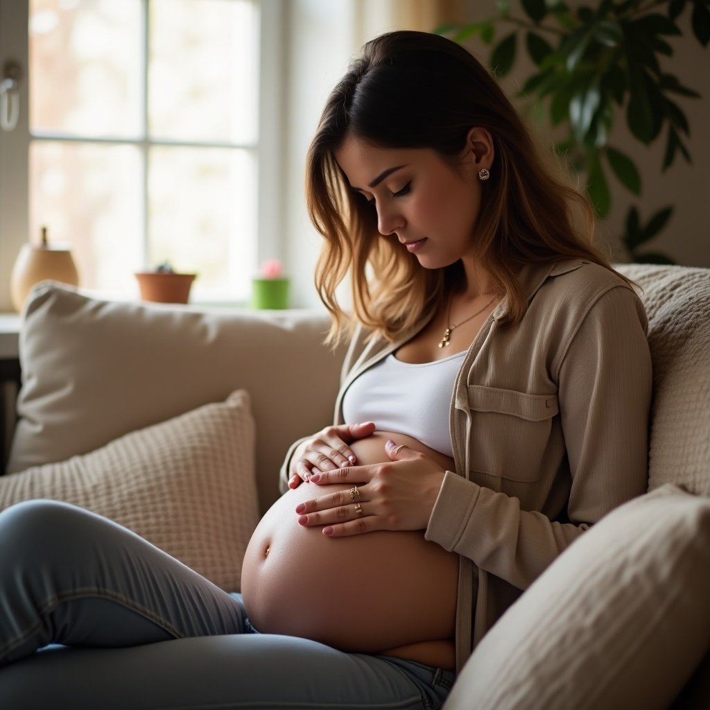 A pregnant woman poses with her hands on her belly in a cozy indoor environment. She appears to be experiencing belly pains. The setting features a comfortable sofa and potted plants.