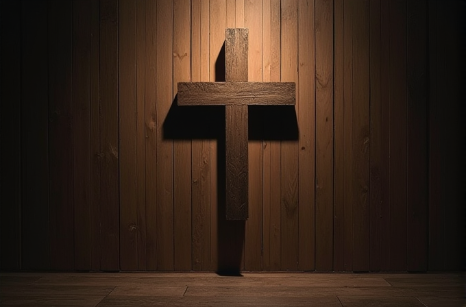 A wooden cross is dramatically lit, casting a shadow on a wall with vertical wooden panels.