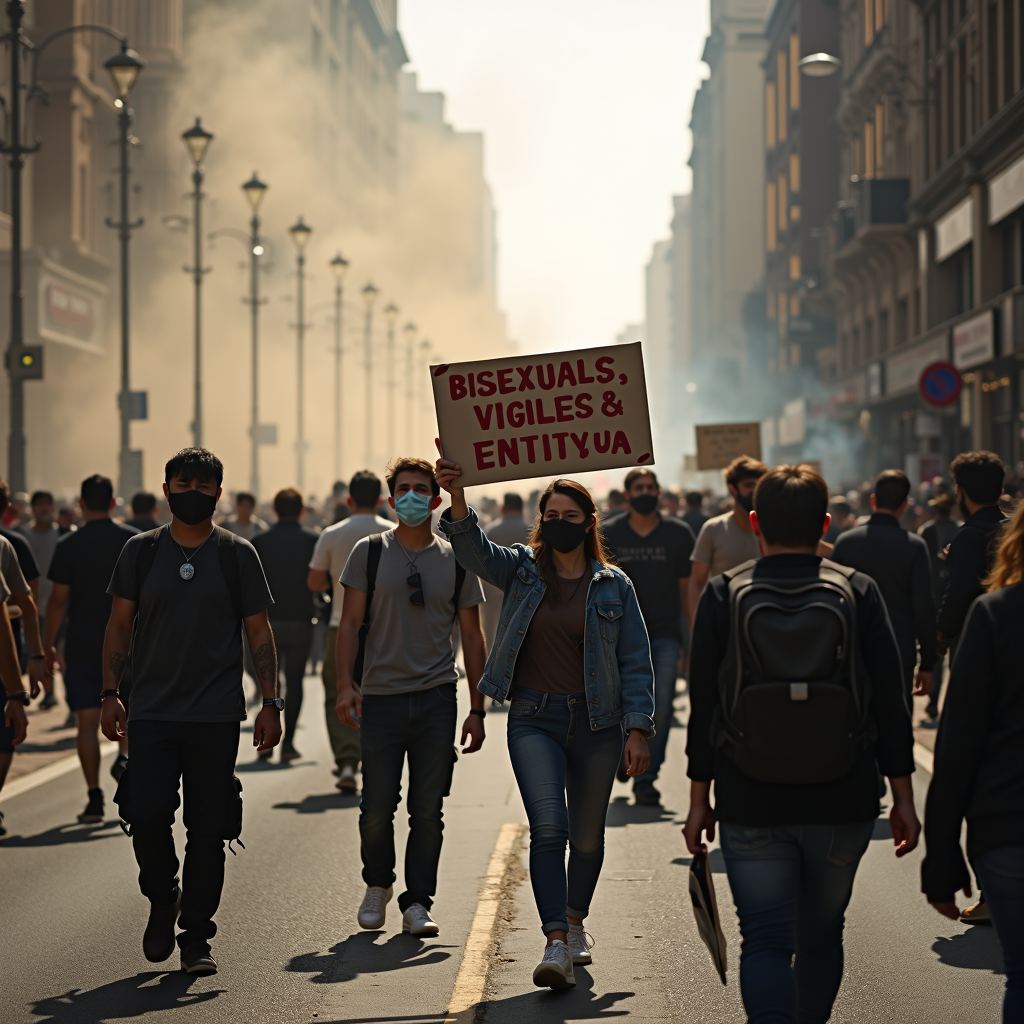 A large group of people, many wearing masks, are marching through an urban street filled with off-white smoke, with a focus on one person carrying a sign that reads 'Bisexuals, Vigiles & Entitvua'.