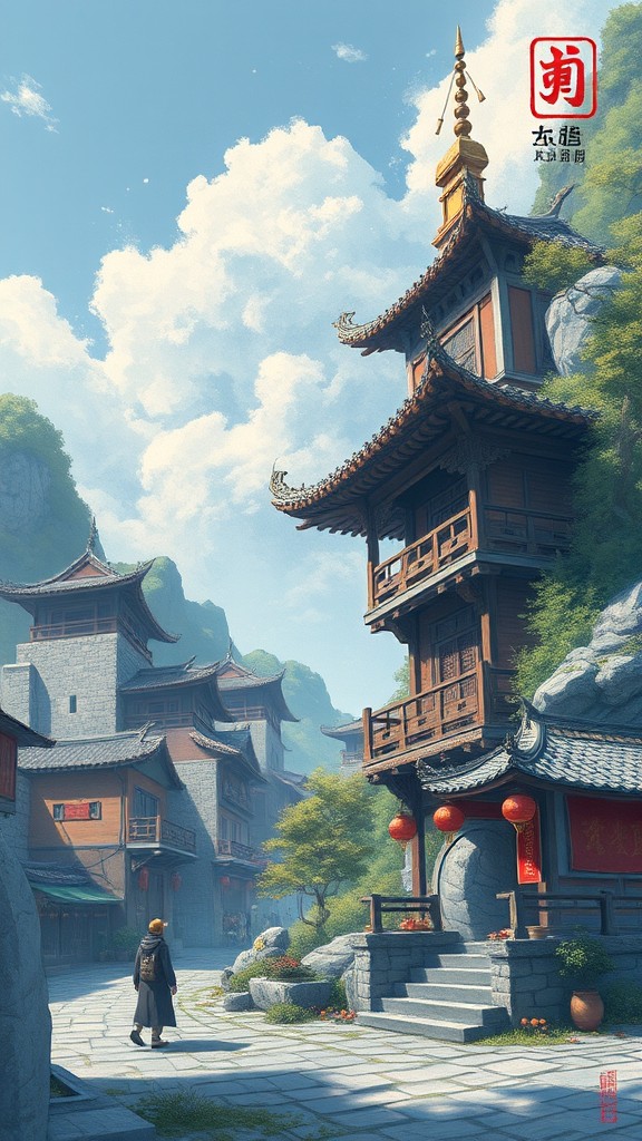 A serene oriental village with intricate wooden buildings set against a backdrop of misty mountains.