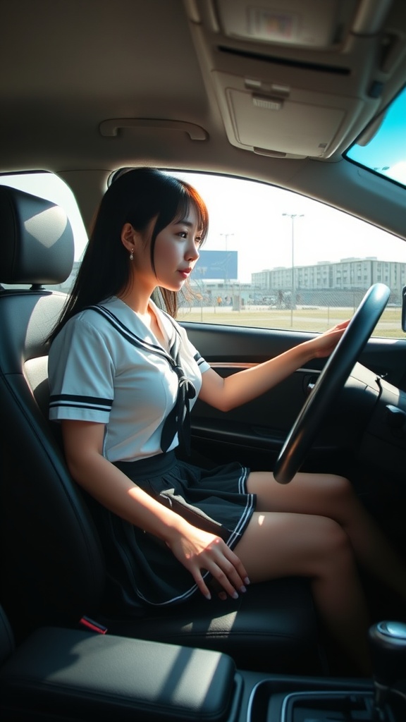 The image captures a young woman seated in the driver's seat of a car, exuding a sense of calm and concentration as she prepares to drive. She is dressed in a classic school uniform with a white blouse and navy sailor-style collar and tie. Sunlight softly illuminates her and casts gentle shadows inside the vehicle, adding a warm, natural ambiance to the scene.