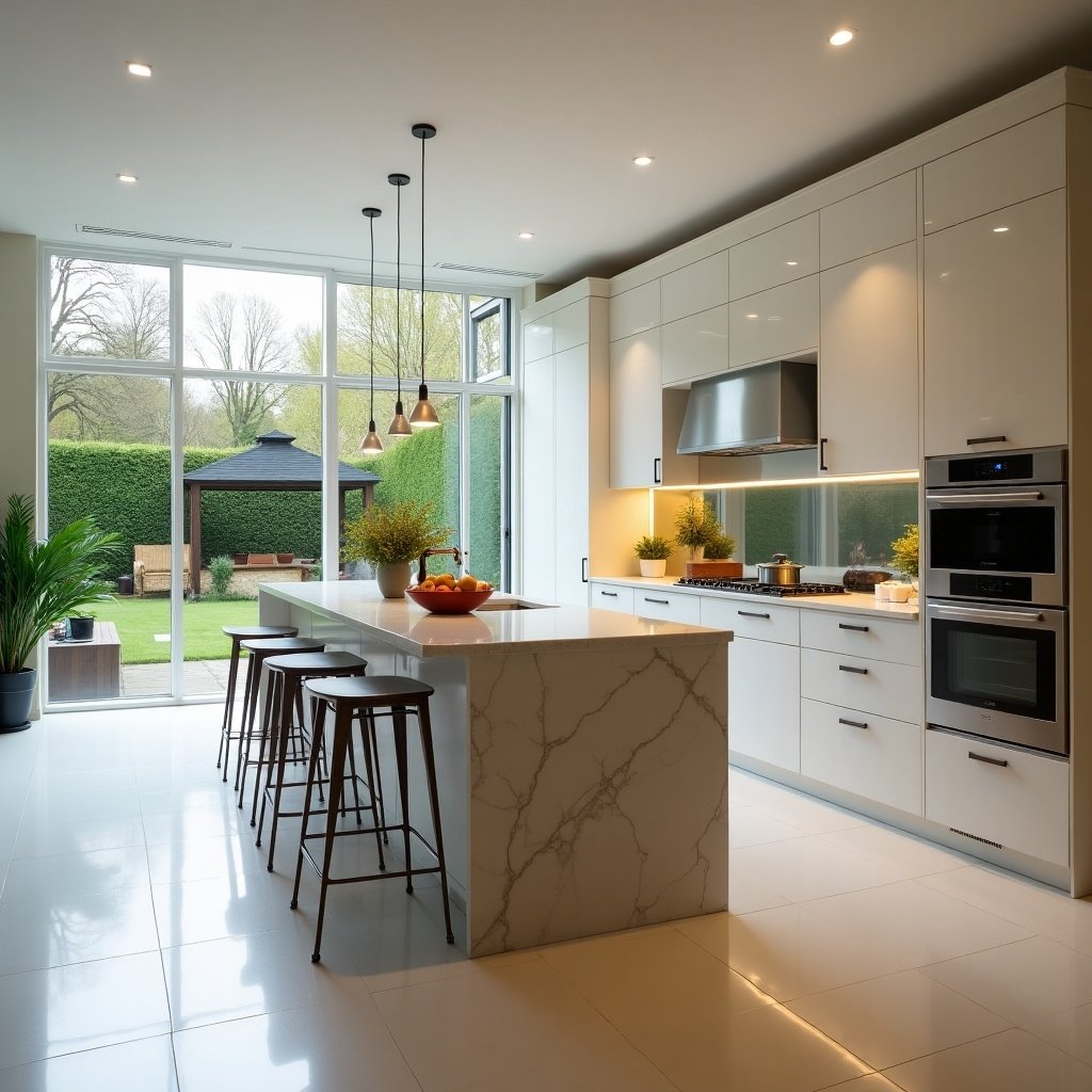 Modern kitchen design featuring an island and bar stools. Natural light floods the space through large windows. Outdoor view includes green landscaping.