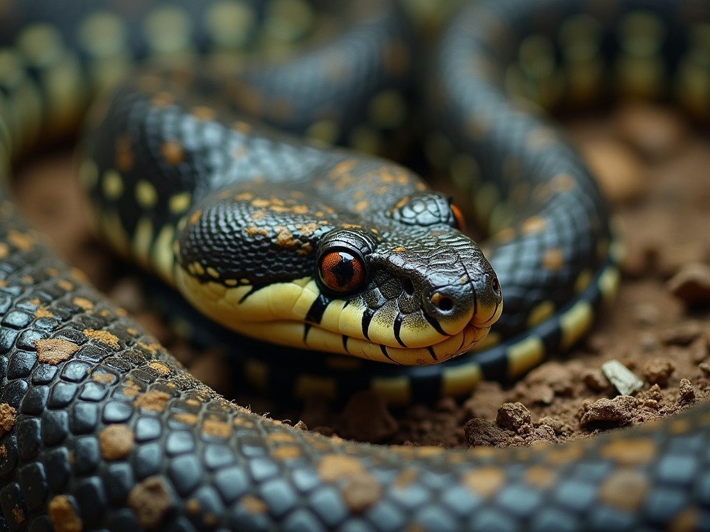 A snake shedding its skin on the ground. The snake has vibrant black scales with orange and yellow spots. The background consists of dirt and natural elements.