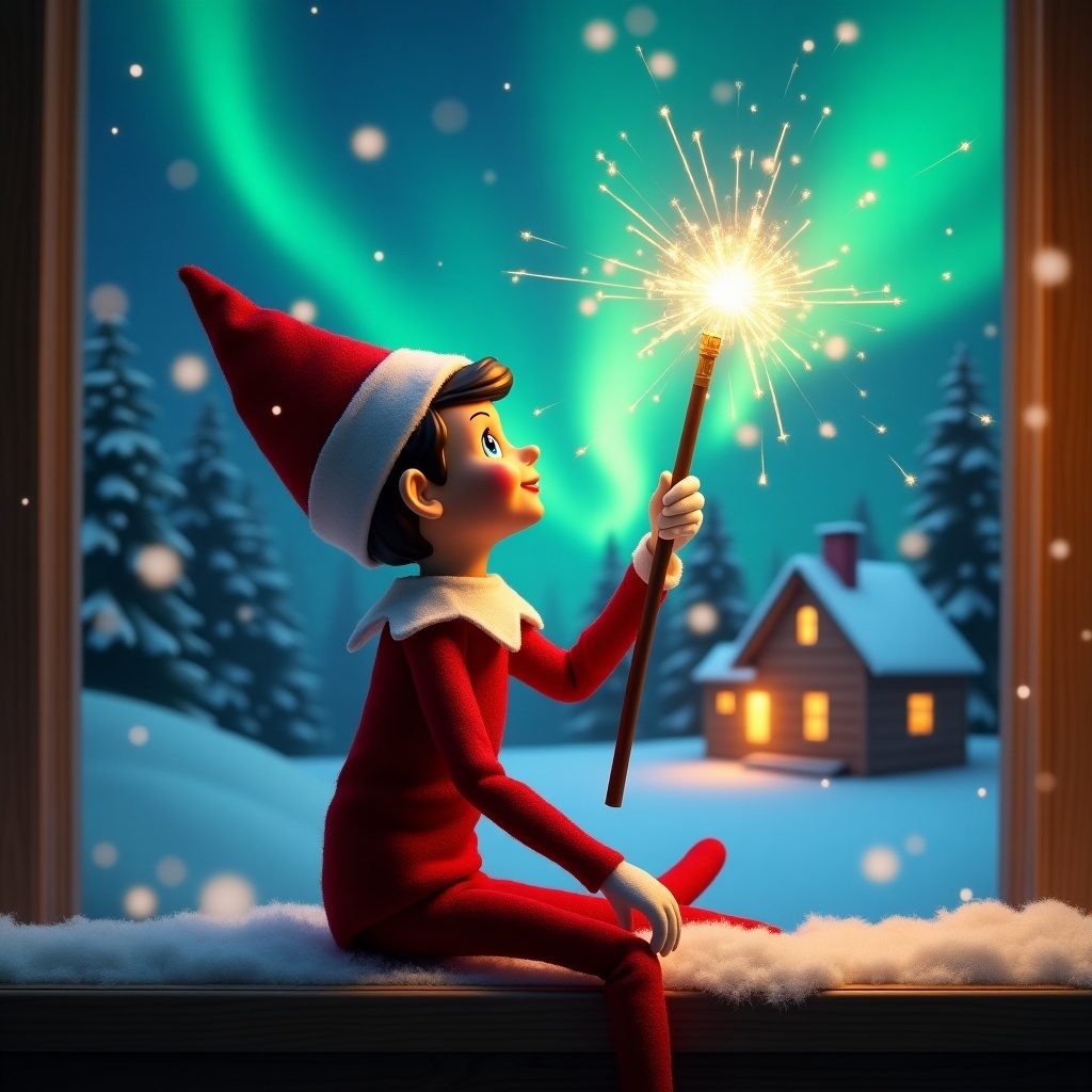 An elf sits facing away. The elf gazes upward while holding a glowing wand. A colorful northern lights display is present. A cozy house is visible in the distance. Ground covered in snow. The elf symbolizes Christmas magic. The names 'Josh, Enzo & Laila' appear from the wand.