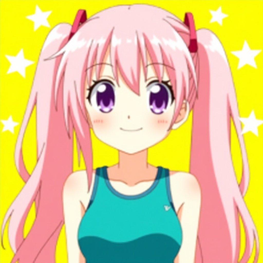 Image features animated character with long pink hair styled in pigtails. Character has large purple eyes and friendly smile. Wears teal athletic tank top. Background is bright yellow with stars. Colorful and lively appearance. Suitable for anime-themed project.