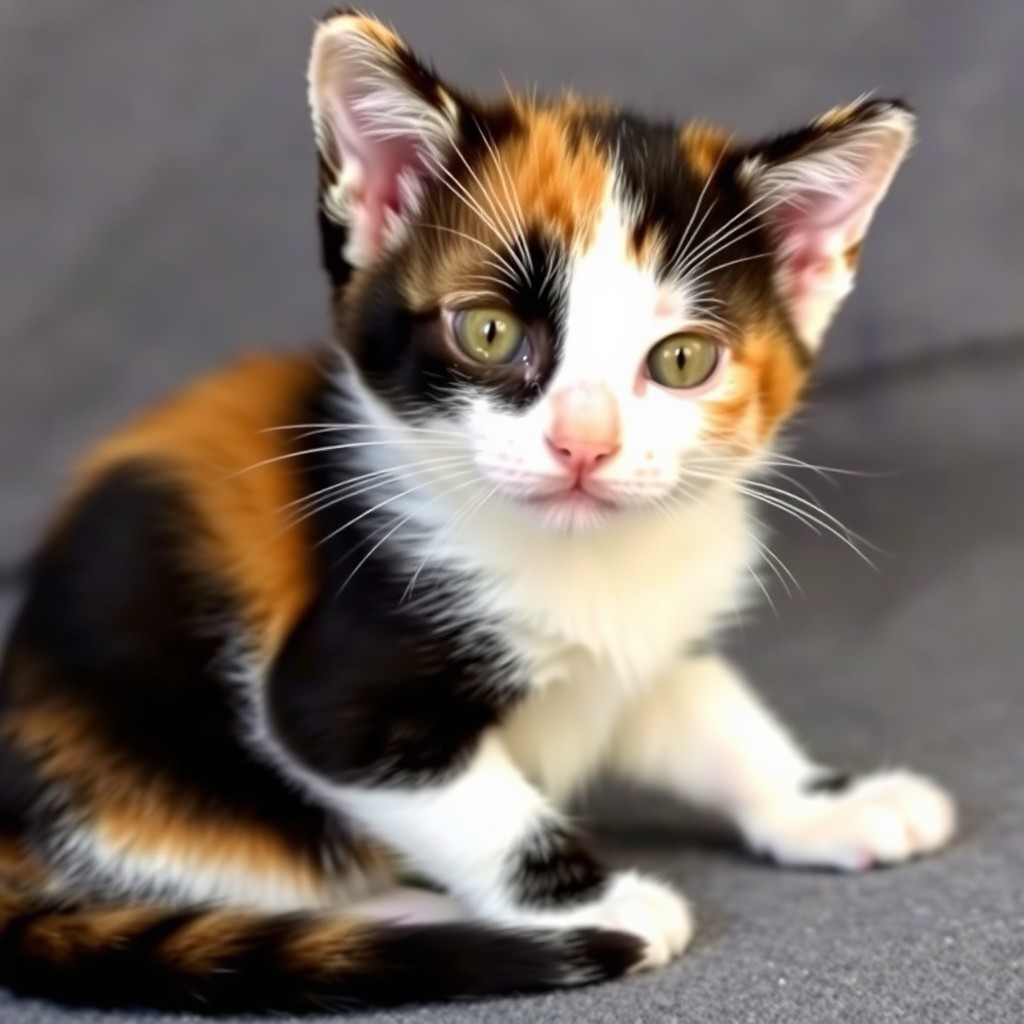 A cute calico kitten sitting with a curious expression.