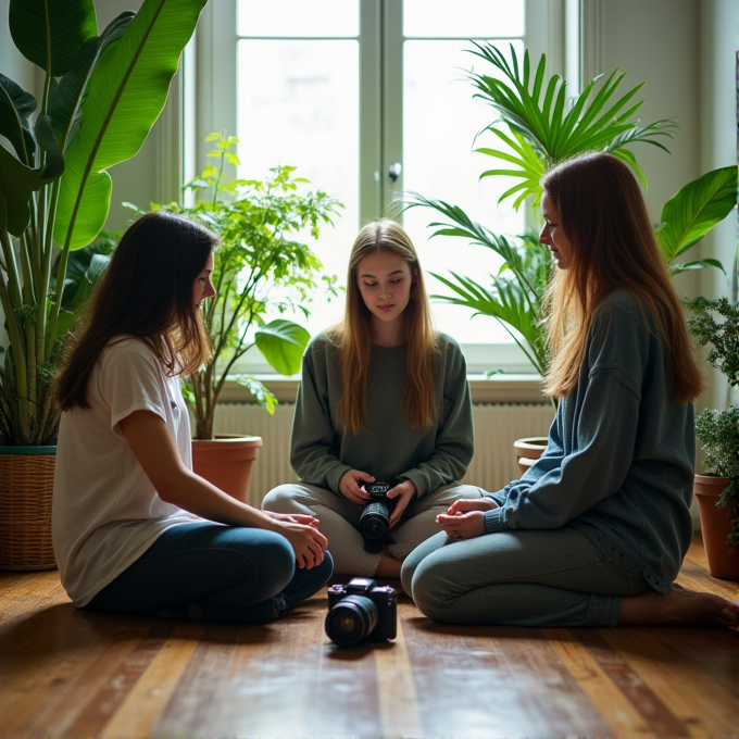 Three young women are sitting on the floor in a room filled with lush potted plants, experimenting with cameras under soft natural light.