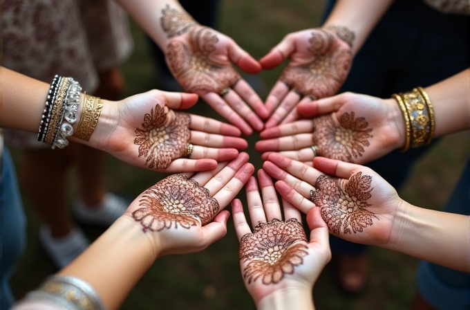 Six hands arranged in a circle display intricate henna designs.