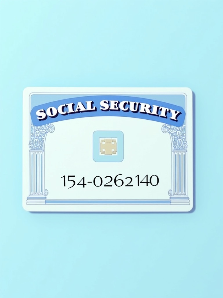 Depiction of a generic social security card. Card features 'SOCIAL SECURITY' text prominently. Key numbers are '154-02-6140'. A graphic chip is on the card. Decorative elements indicate official nature. Background is soft blue. Design is professional and clean, reflecting importance of social security identification.