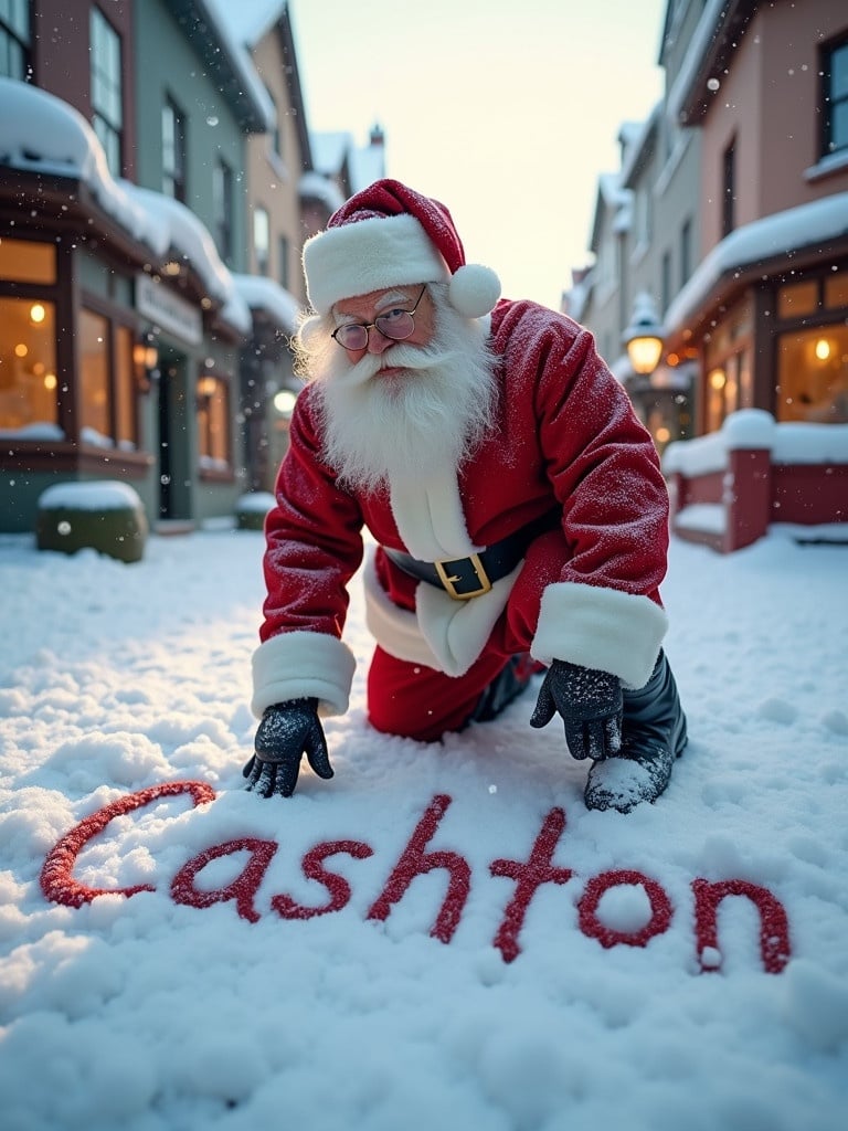 Santa Claus writes the name Cashton in the snow. Santa wears traditional red and white clothing with a black belt. The scene is in a snowy street surrounded by charming buildings. Soft winter light creates an inviting glow. The image conveys a cheerful festive mood.