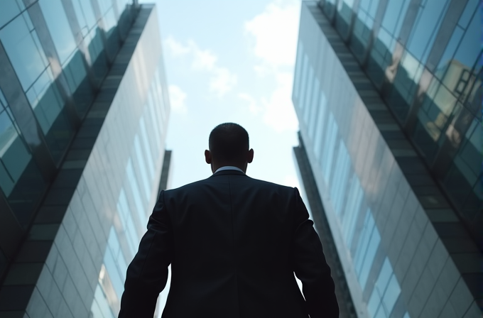 A person in a suit stands silhouetted between two towering glass buildings under a bright, open sky.