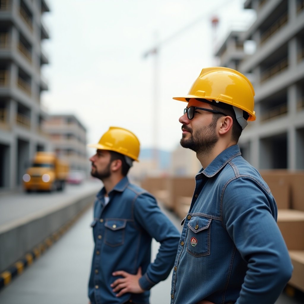 Image of a construction site featuring workers wearing safety helmets. Workers are visible with the setting showcasing building progress and a professional atmosphere.