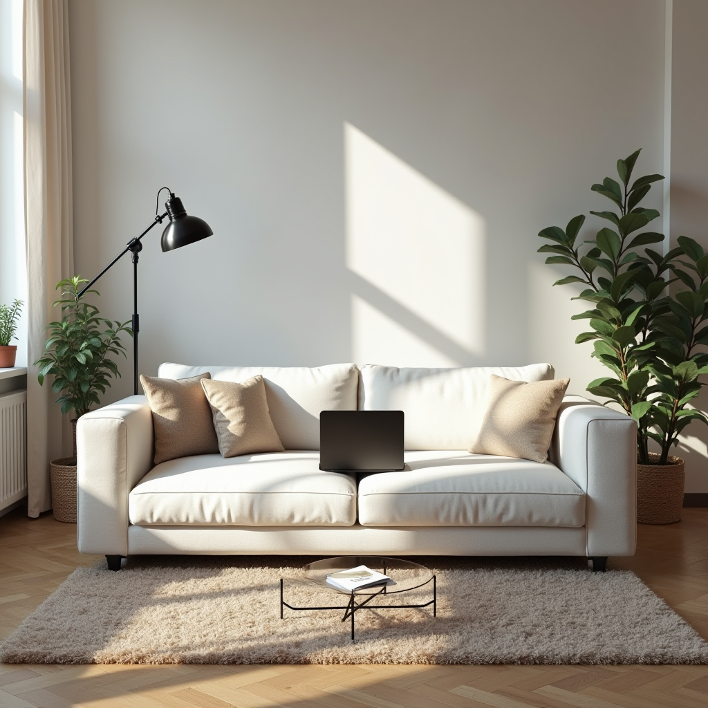 A cozy living room with a cream sofa, surrounded by leafy plants and warm sunlight.