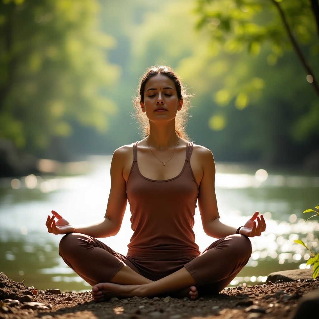 An Indian woman meditates by a river. She sits cross-legged in earthy yoga attire. Calm expression with eyes closed. Sunlight illuminates her skin. Lush greenery and river behind her are blurred.