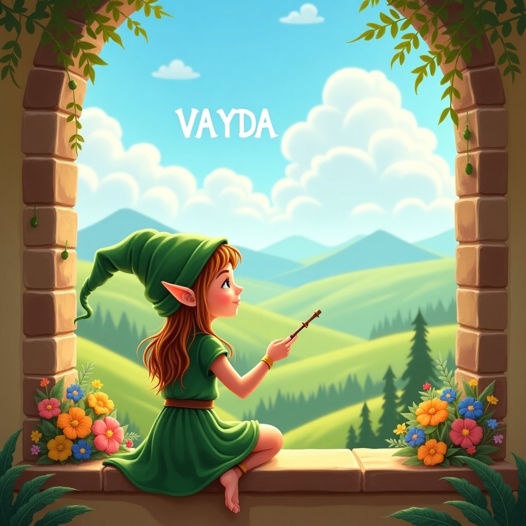 A cute elf girl named Vayda is sitting on a window ledge. She gazes out at a breathtaking landscape filled with rolling green hills. Vayda has pointed ears and wears a green dress along with a matching hat. In her hand, she holds a wand that she uses to write her name in the blue sky. Colorful flowers adorn the ledge, creating a magical feel. The scene exhibits warmth and charm, inviting viewers into a world of fantasy.