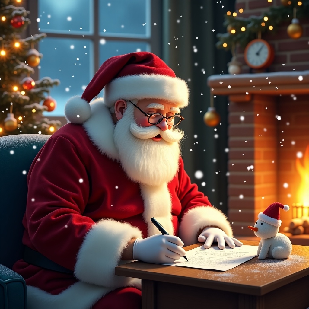 Santa Claus writes a letter in a cozy room. Fireplace in the background. Snow falling outside the window. A small snowman on the table. Christmas tree decorated with lights.