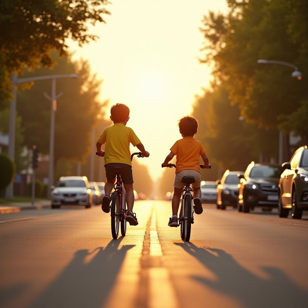 Kids riding bicycles in a sunlit suburban area. Sunset creates a warm atmosphere. Hyper-realistic style.