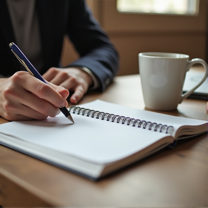 A person writes in a spiral notebook with a pen, next to a white coffee mug on a wooden table.