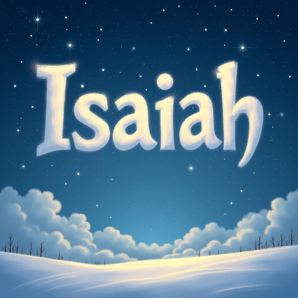 Sky with clouds. Word Isaiah written in fluffy cloud-like letters. Starry night. Winter setting.